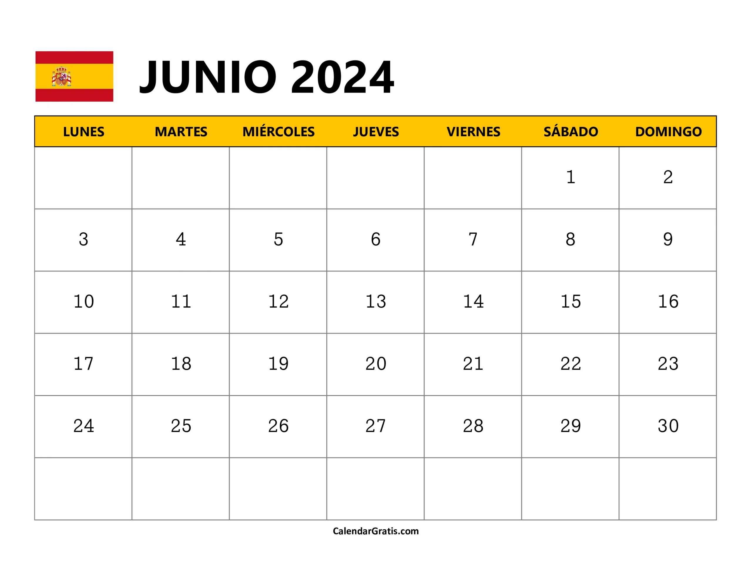 Calendario Junio 2024 España para Imprimir