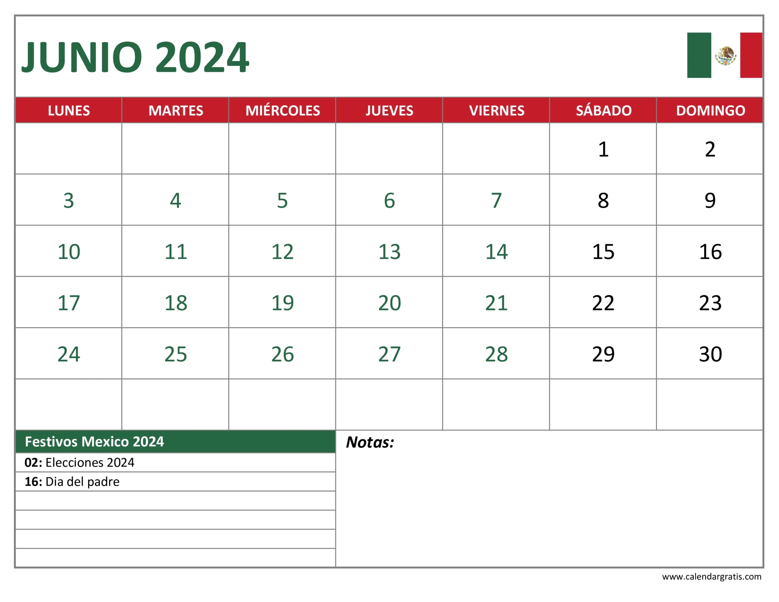 Calendario Junio 2024 México con Festivos para Imprimir