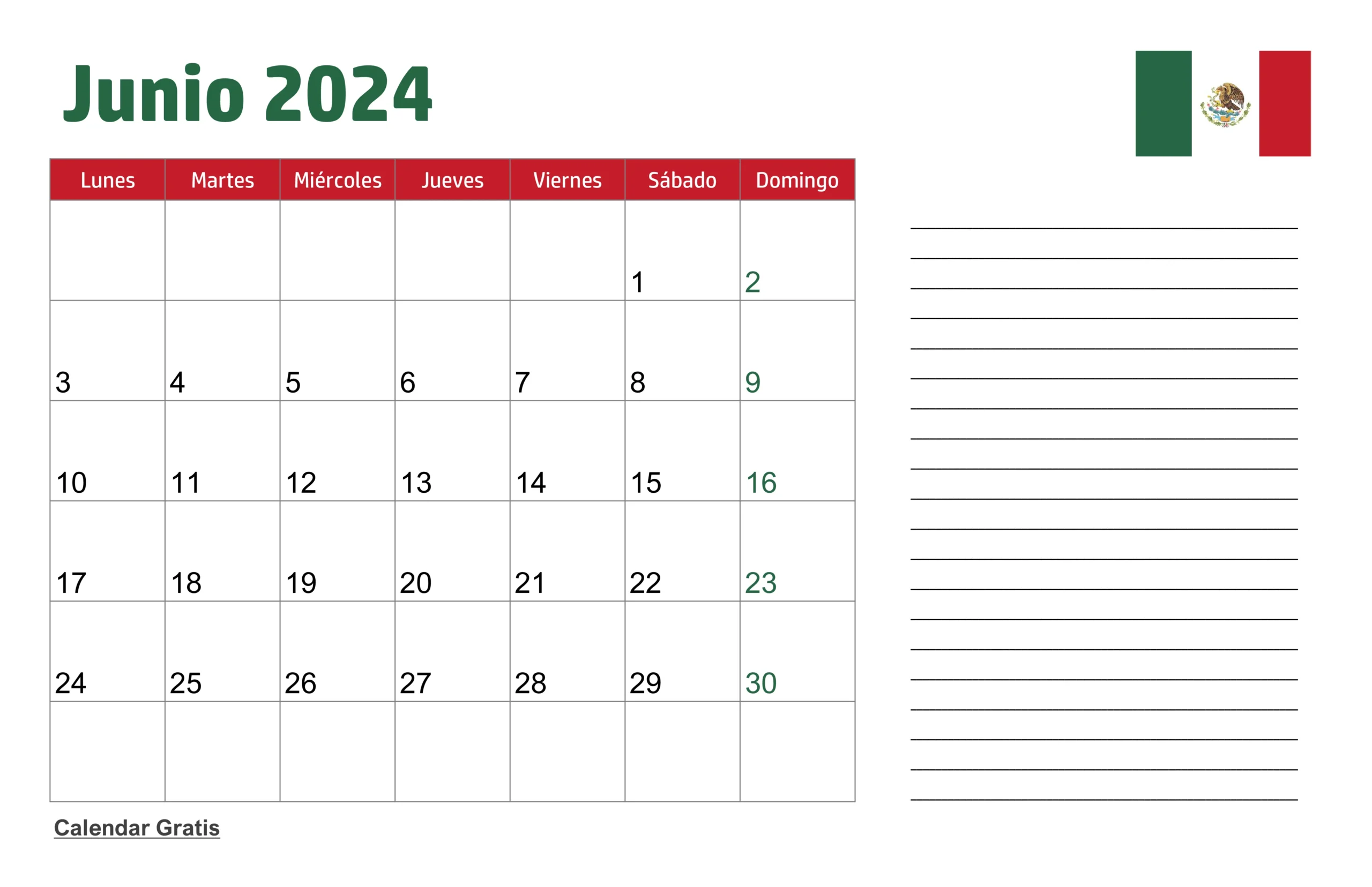 Calendario Junio 2024 México con Notas