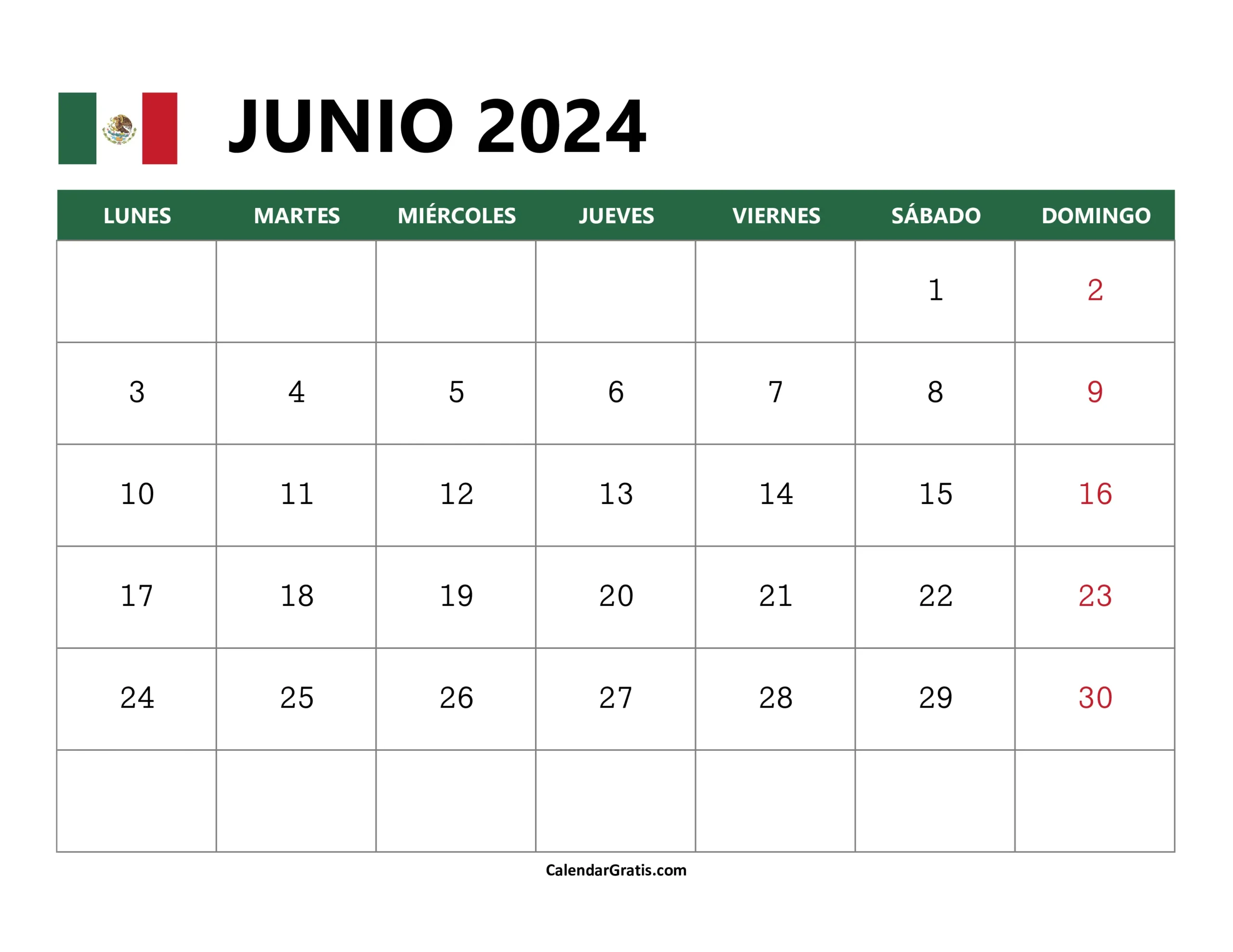 Calendario Junio 2024 México para Imprimir