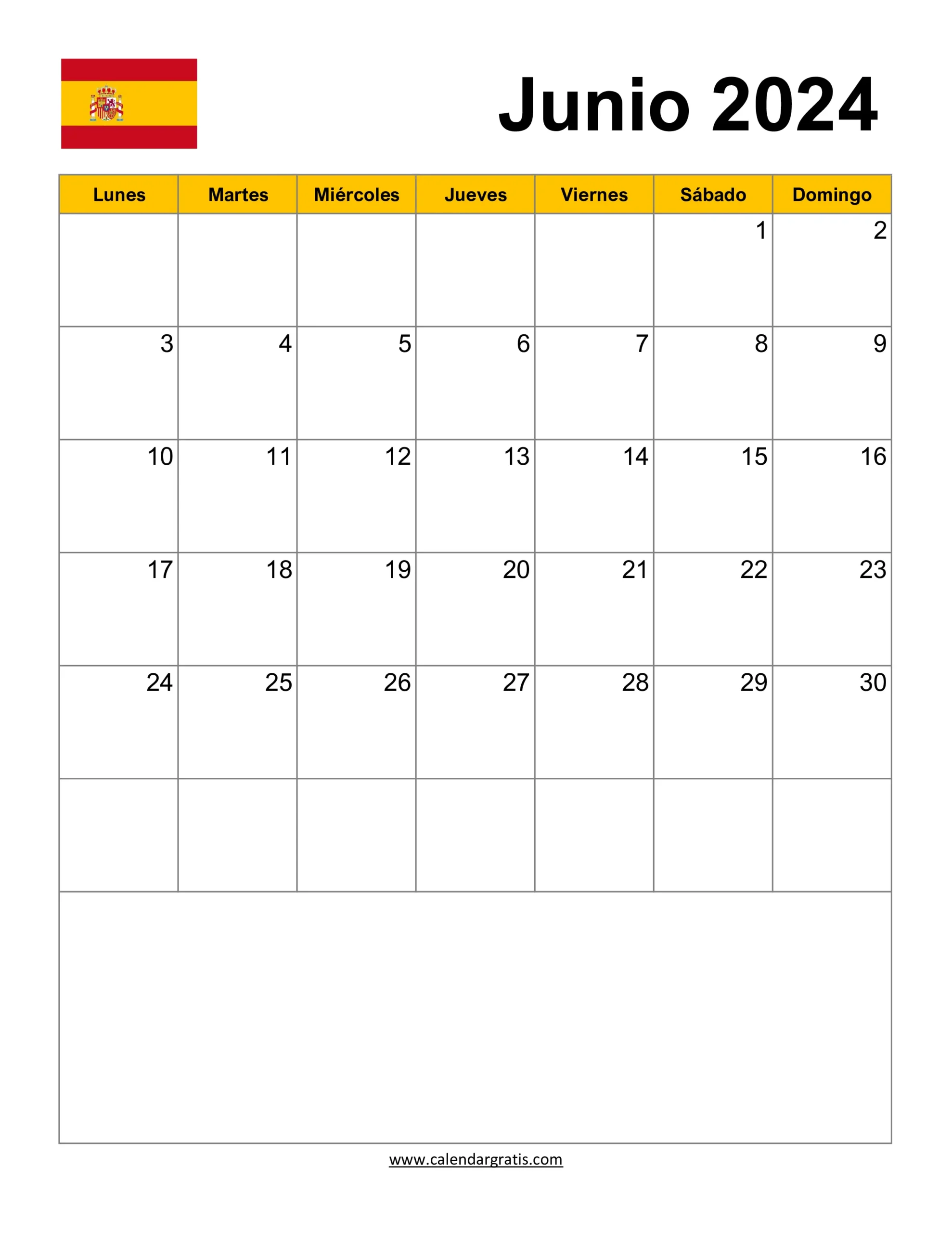 Calendario Junio 2024 España con Notas y Diseño Vertical