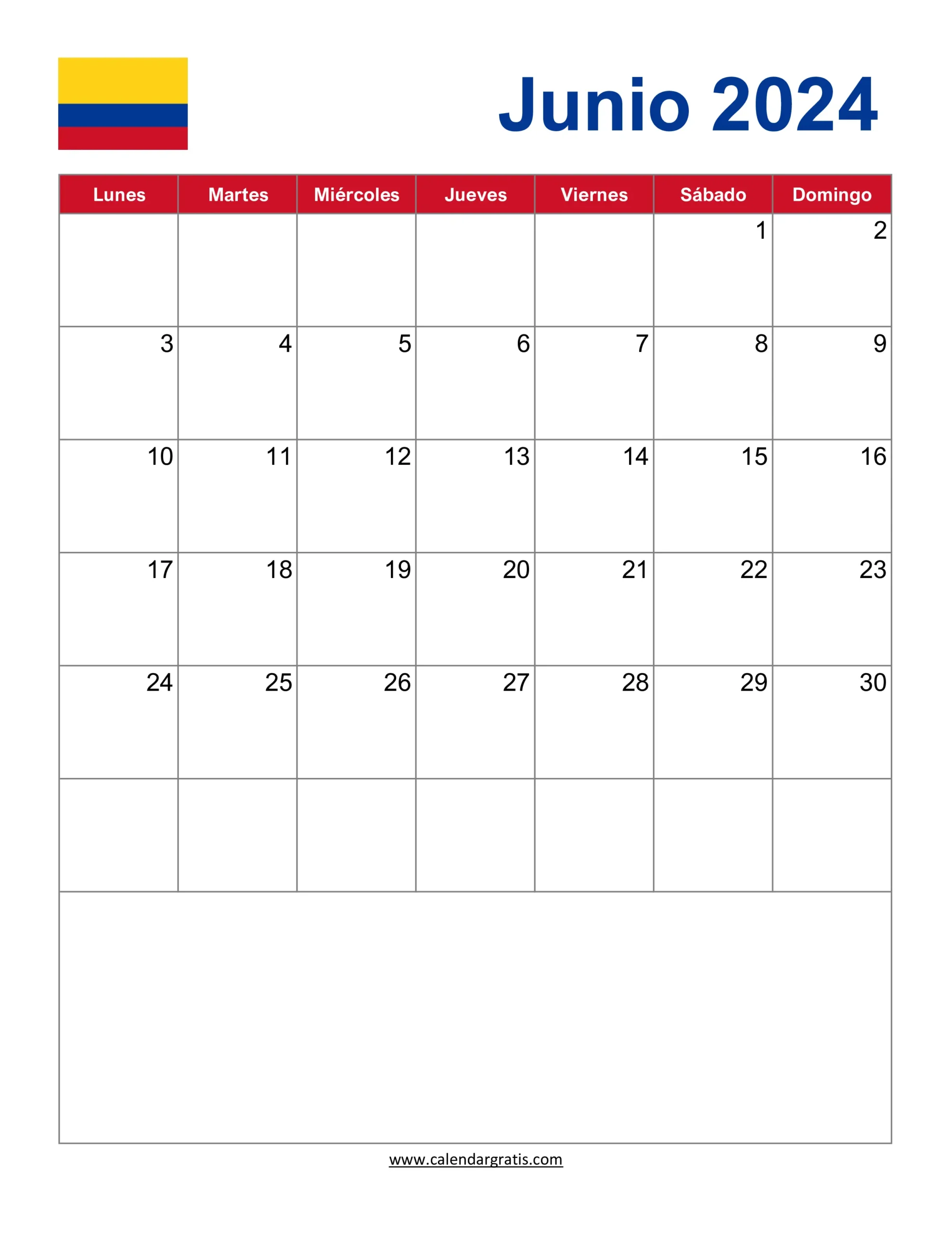 Calendario Junio 2024 con Notas para Imprimir