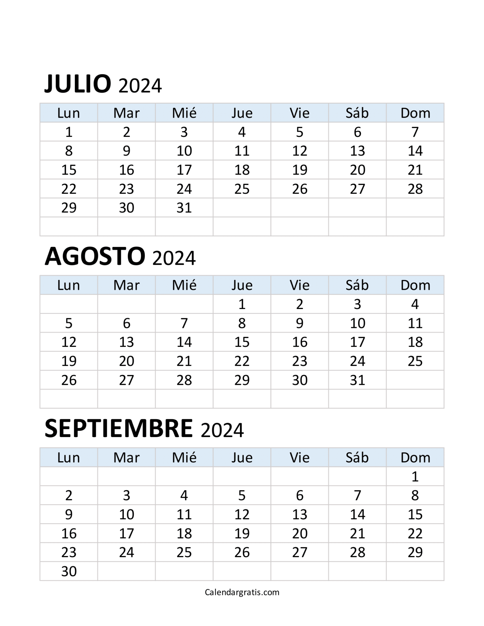 Calendario de julio agosto septiembre 2024 para imprimir gratis