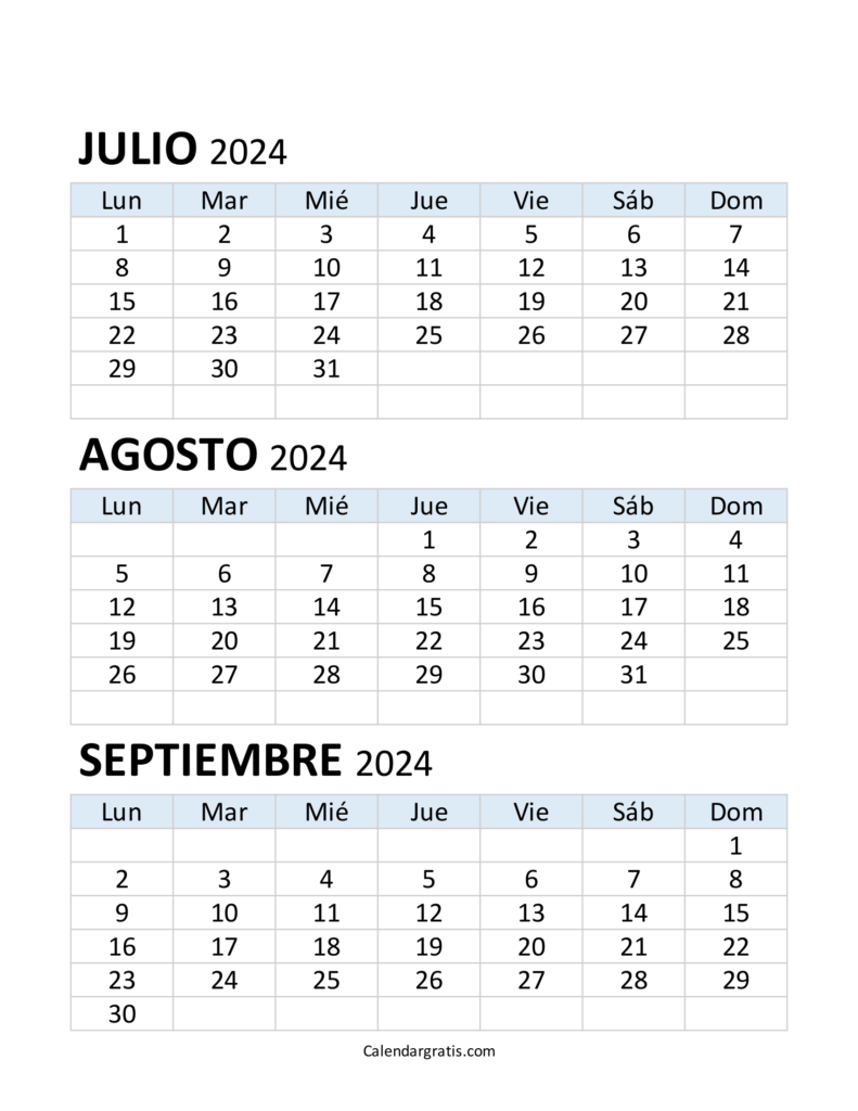 Calendario de julio agosto y septiembre 2024