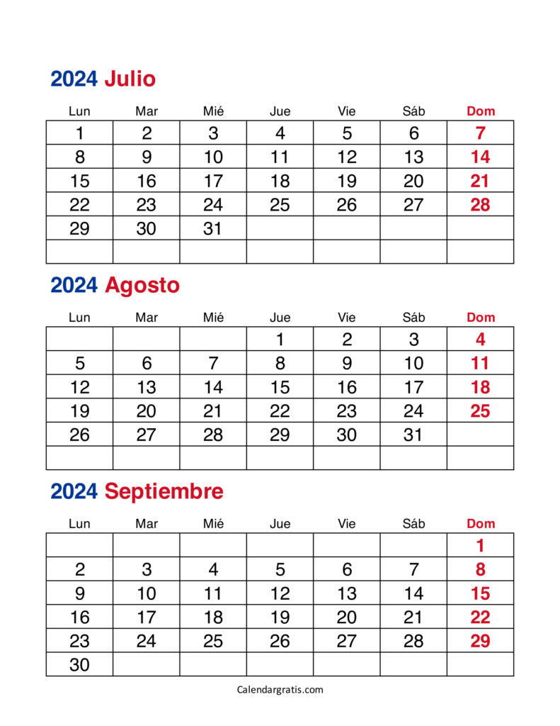 Calendario de julio agosto y septiembre 2024 Colombia