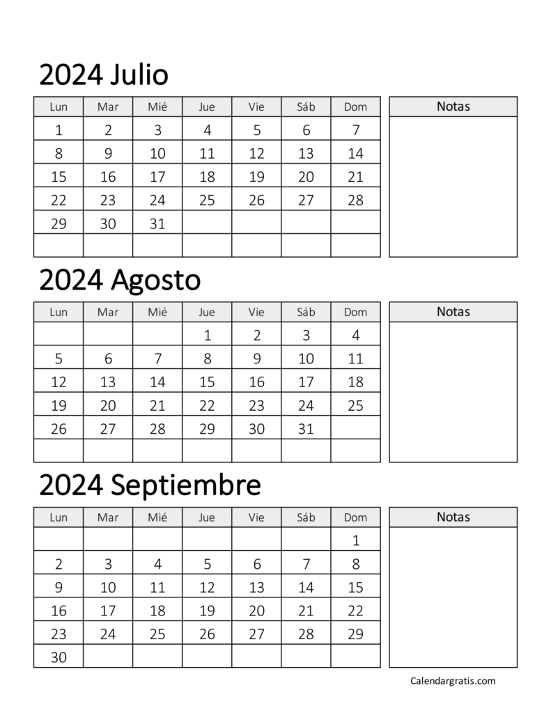 Calendario de julio agosto y septiembre 2024 España