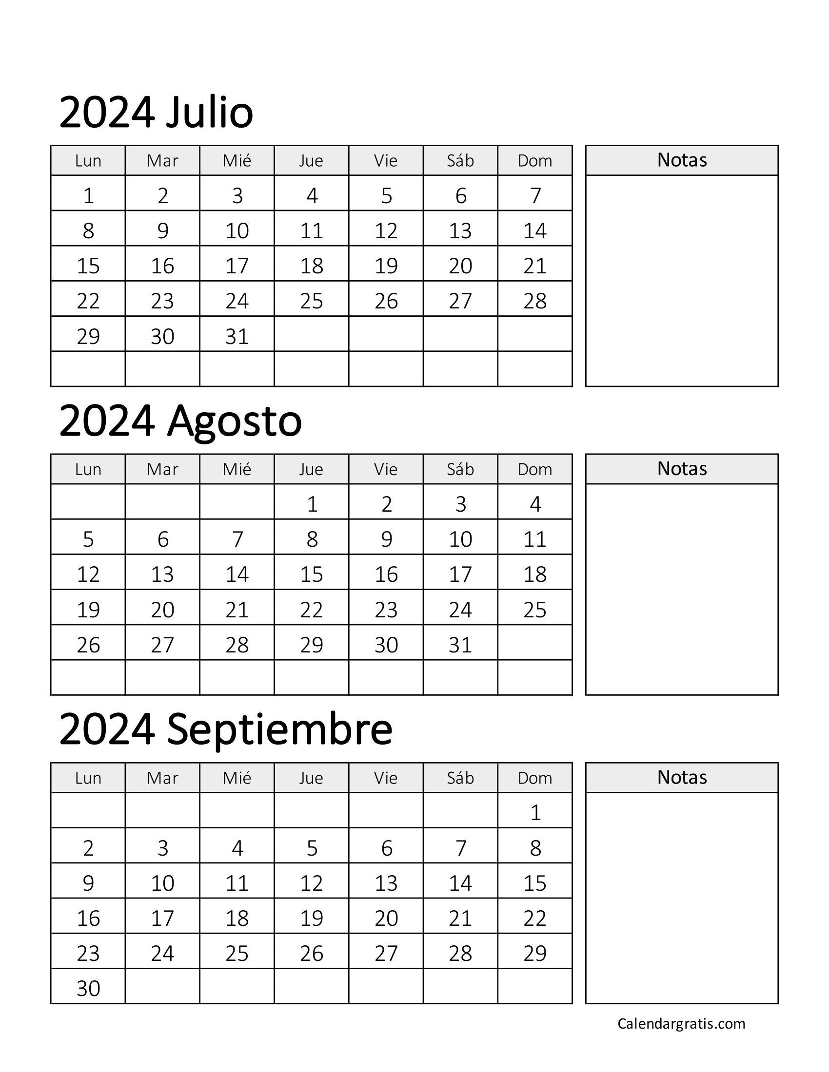 Calendario de julio agosto septiembre 2024 para imprimir gratis