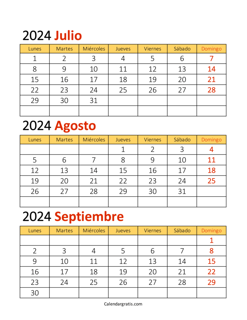 Calendario de julio agosto y septiembre 2024 para imprimir