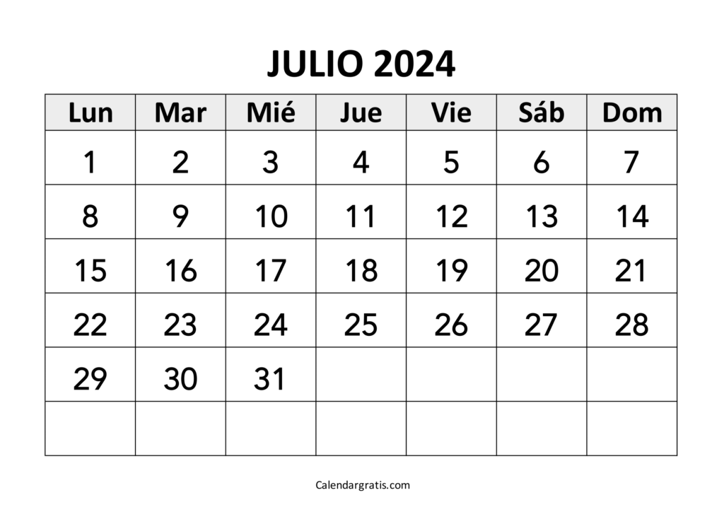 Calendario del mes de julio 2024