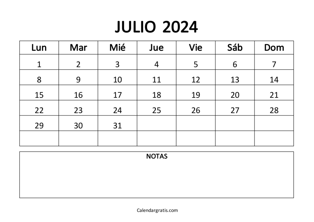 Calendario del mes de julio 2024 para imprimir