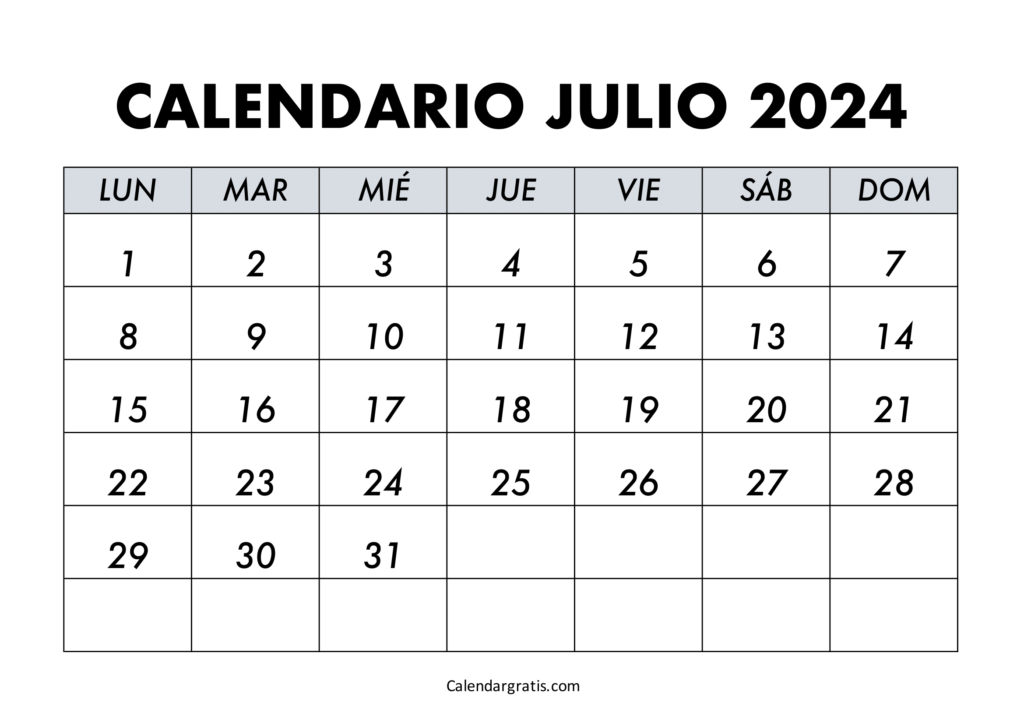 Calendario del mes de julio 2024 para imprimir gratis