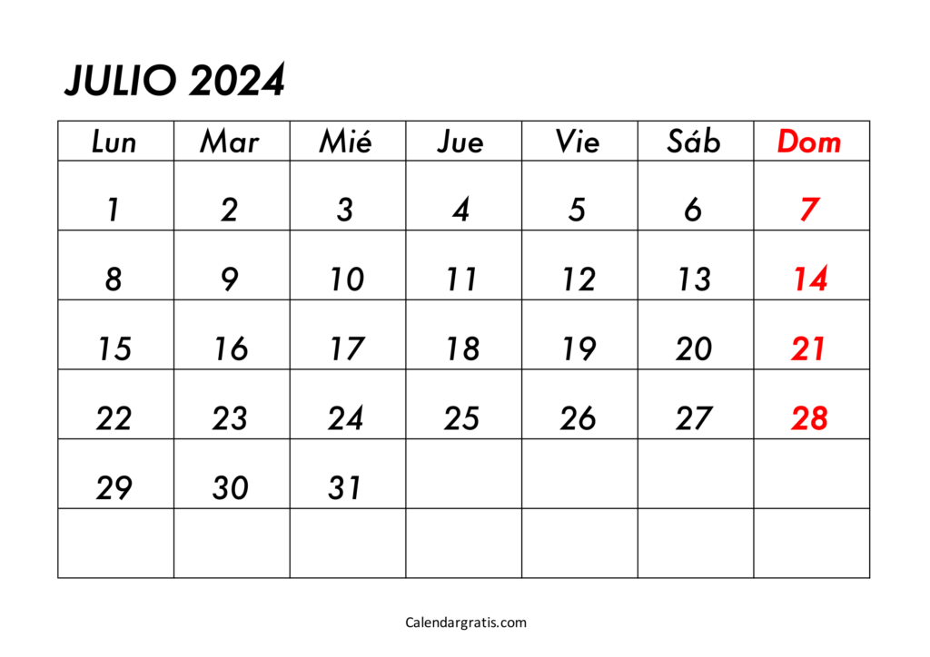 Calendario del mes de julio del 2024
