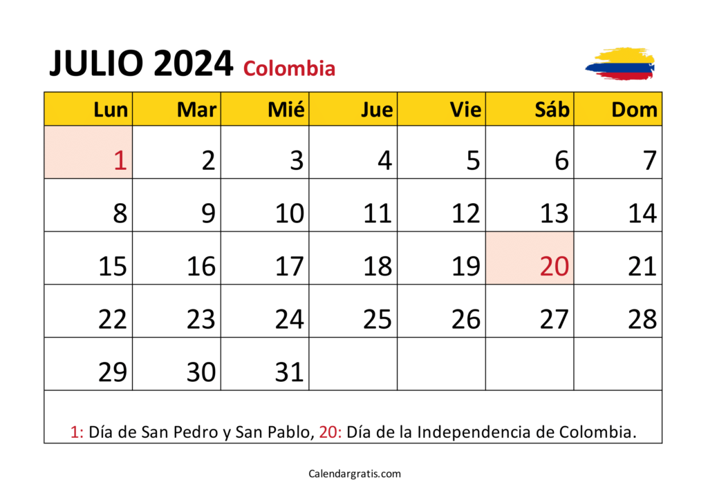 Calendario julio 2024 Colombia