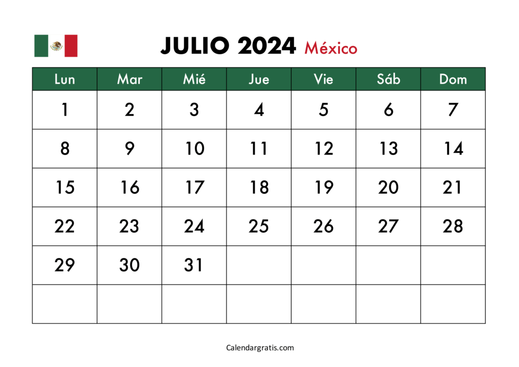 Calendario julio 2024 México