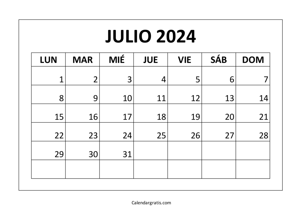 Calendario julio 2024 para imprimir