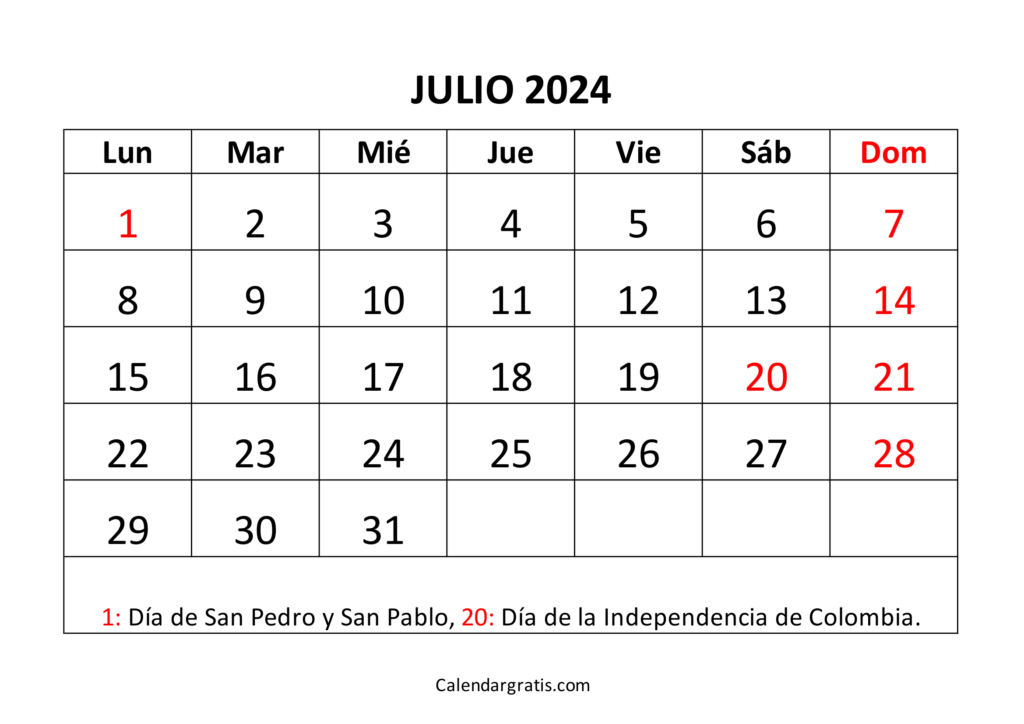 Calendario julio 2024 para imprimir Colombia