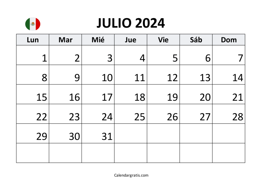Calendario julio 2024 para imprimir México