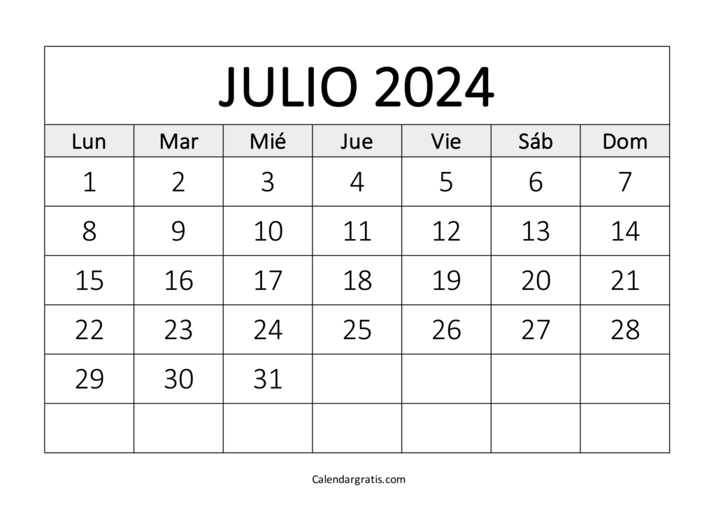 Calendario julio 2024 para imprimir gratis