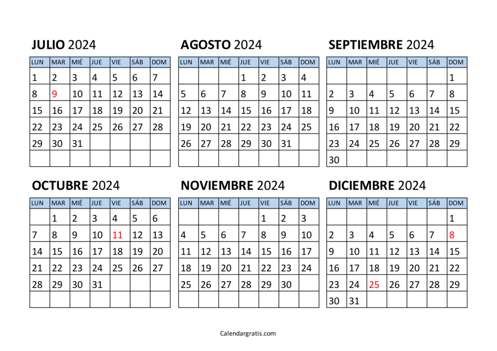 Calendario julio a diciembre 2024 Argentina