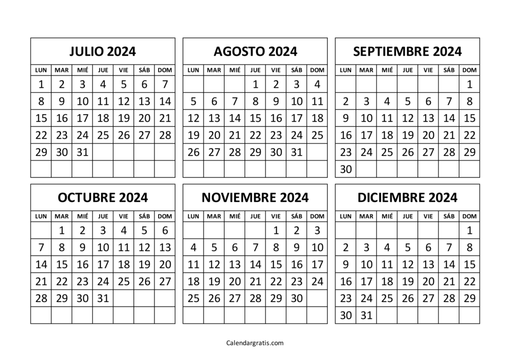 Calendario julio a diciembre 2024 Colombia