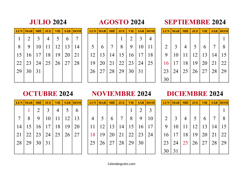 Calendario julio a diciembre 2024 España