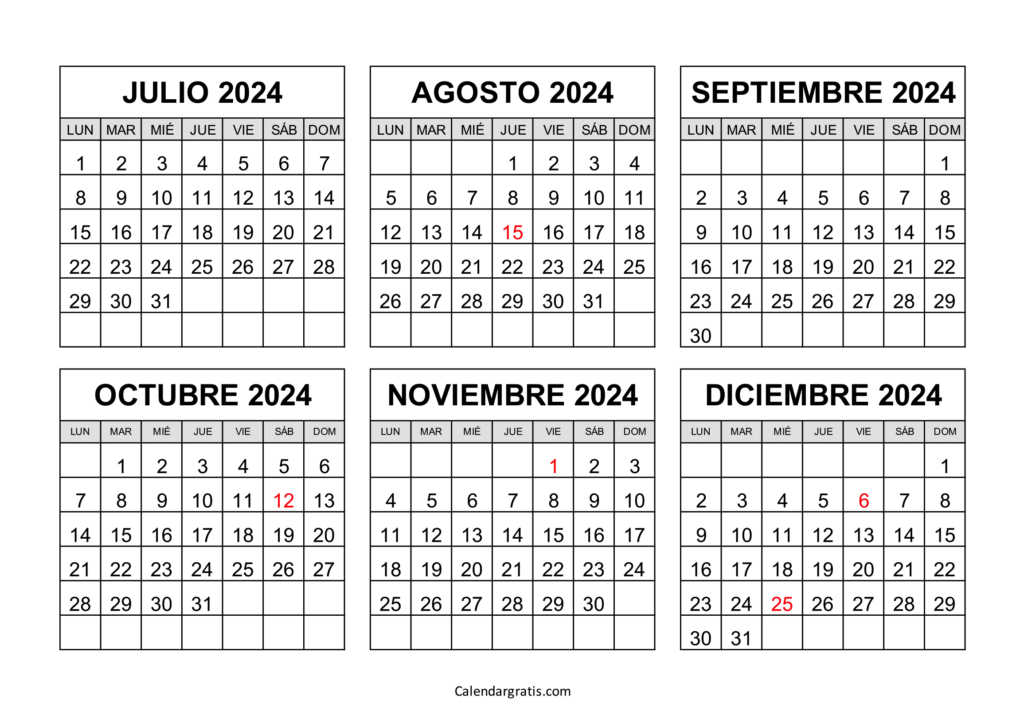 Calendario julio a diciembre 2024 México