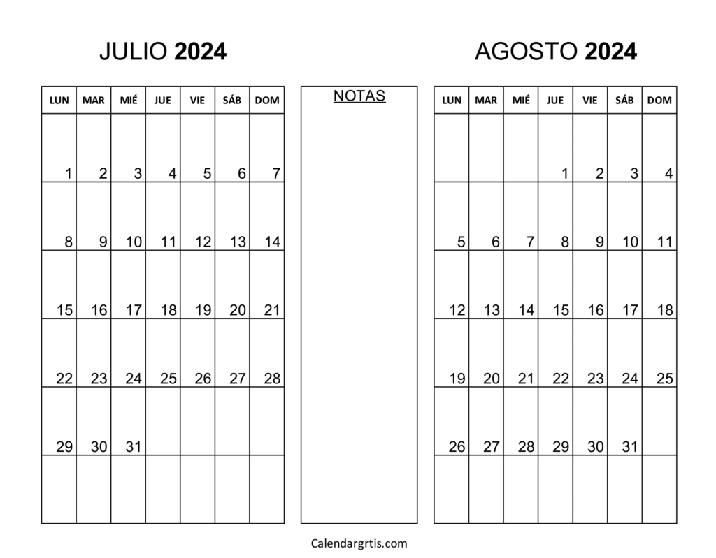 Calendario julio agosto 2024