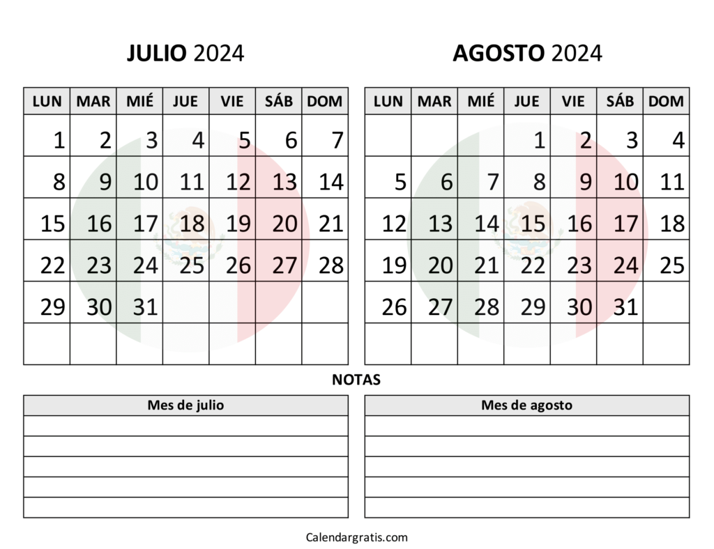 Calendario julio agosto 2024 México