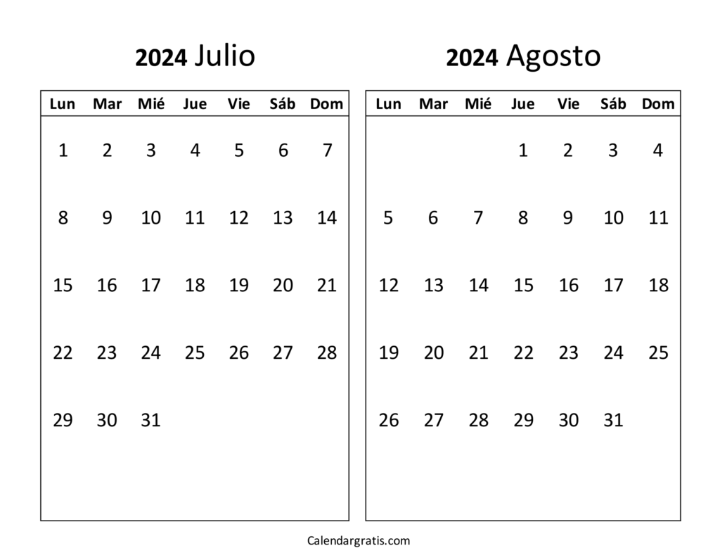 Calendario julio agosto 2024 para imprimir gratis