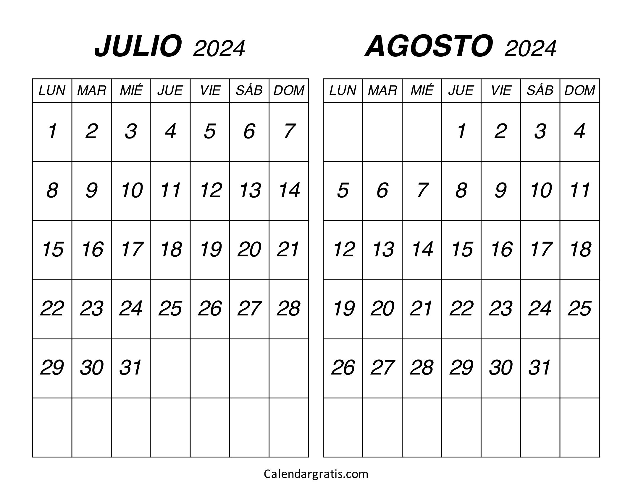 Calendario julio agosto 2024 para imprimir