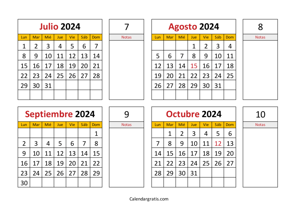 Calendario julio agosto septiembre octubre 2024 España