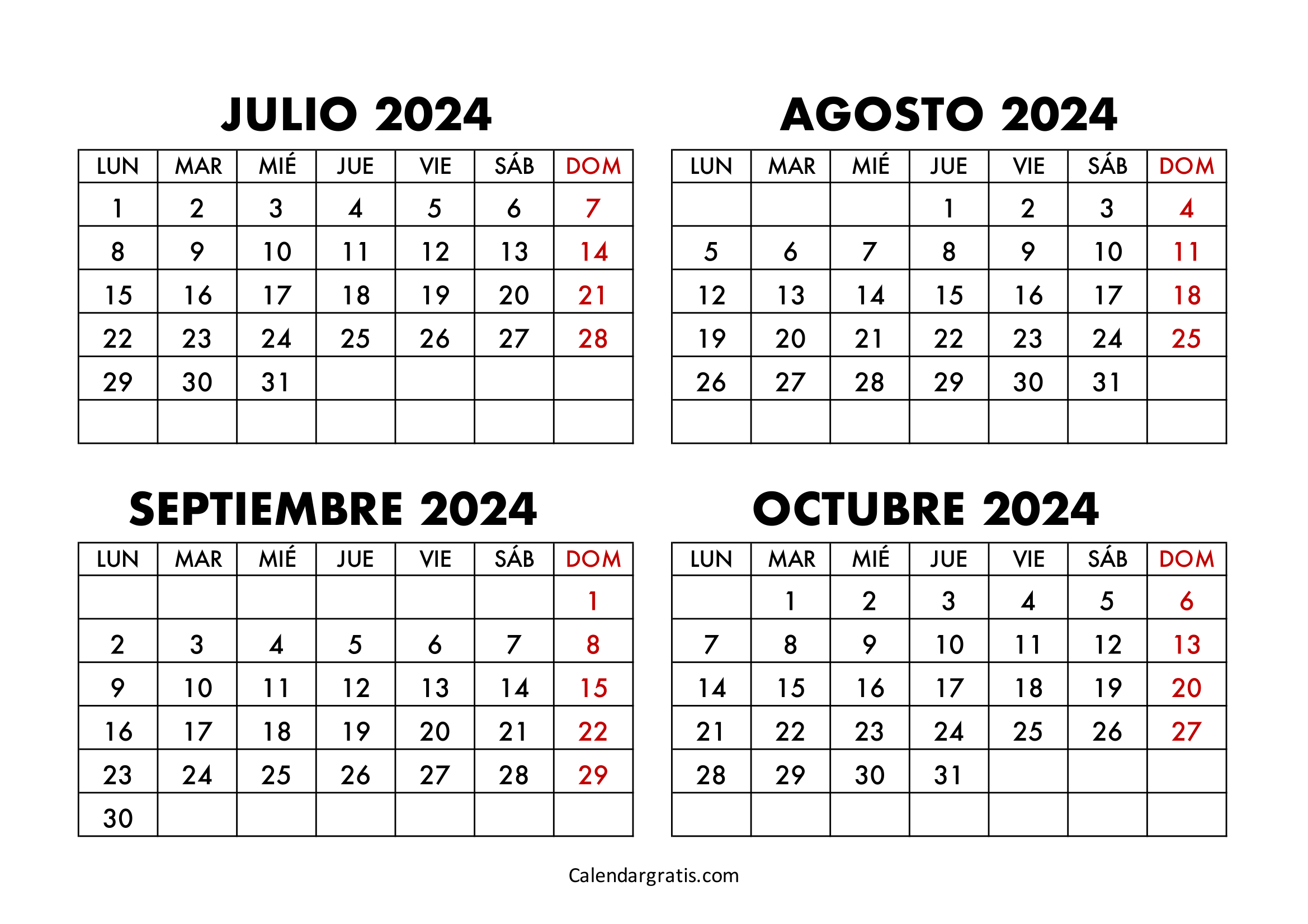 Calendario julio agosto septiembre octubre 2024 para imprimir gratis