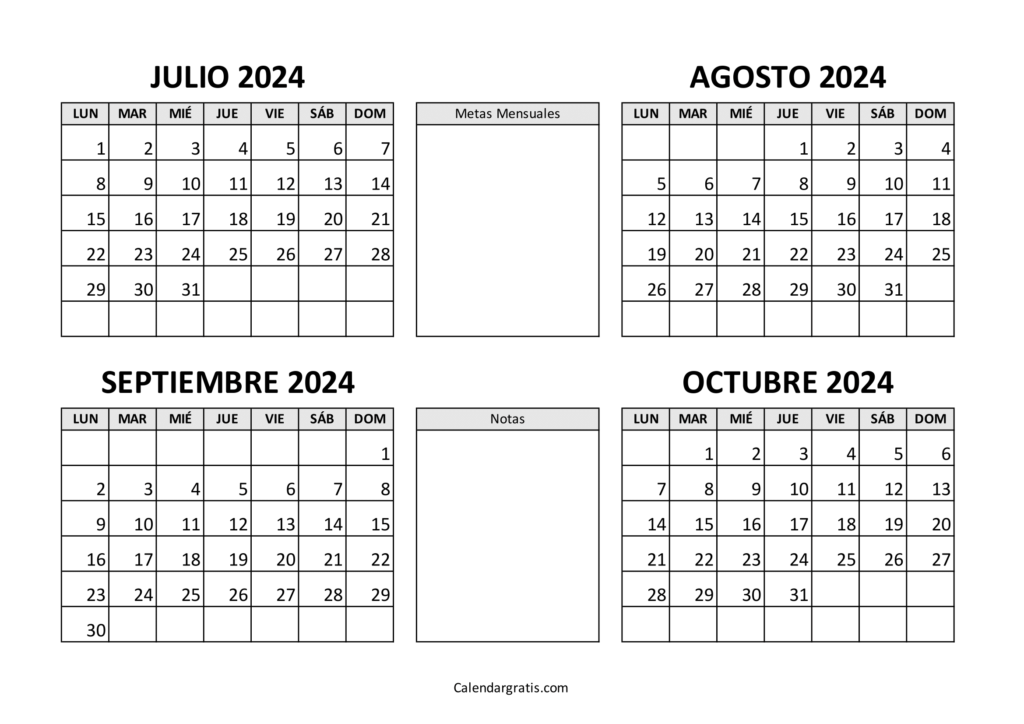 Calendario julio agosto septiembre octubre 2024 para imprimir