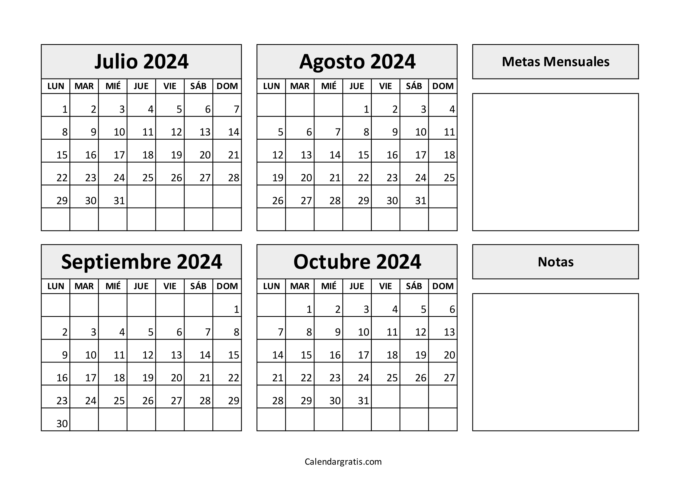 Calendario julio agosto septiembre octubre 2024