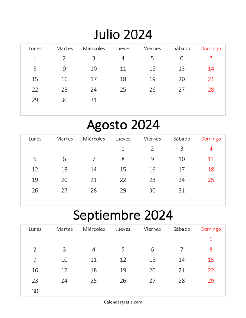 Calendario julio agosto y septiembre 2024