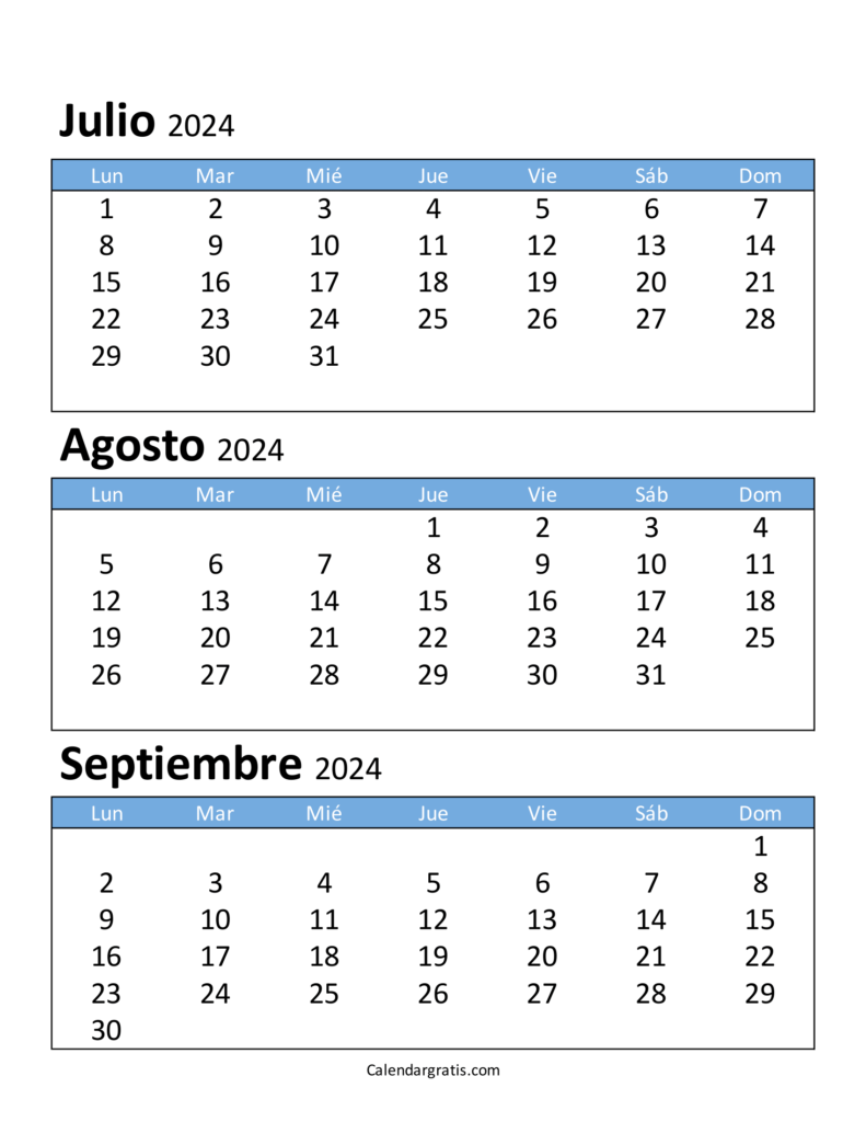Calendario julio agosto y septiembre 2024 Argentina