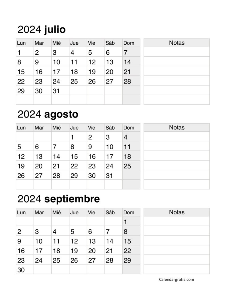 Calendario julio agosto y septiembre 2024 gratis