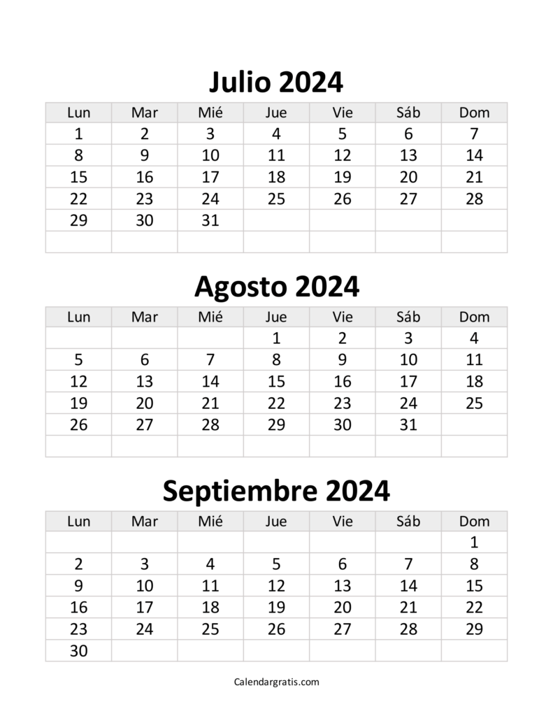 Calendario julio agosto y septiembre 2024 para imprimir