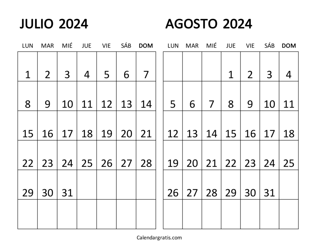 Calendario julio y agosto 2024