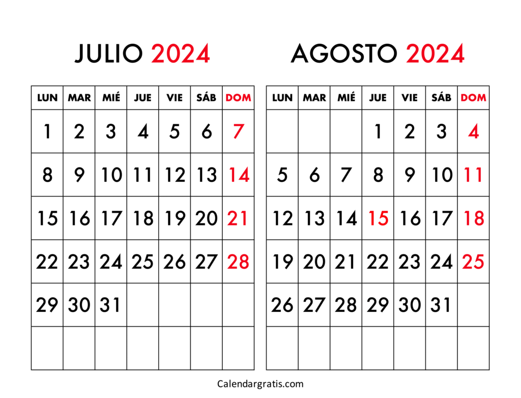 Calendario julio y agosto 2024 España