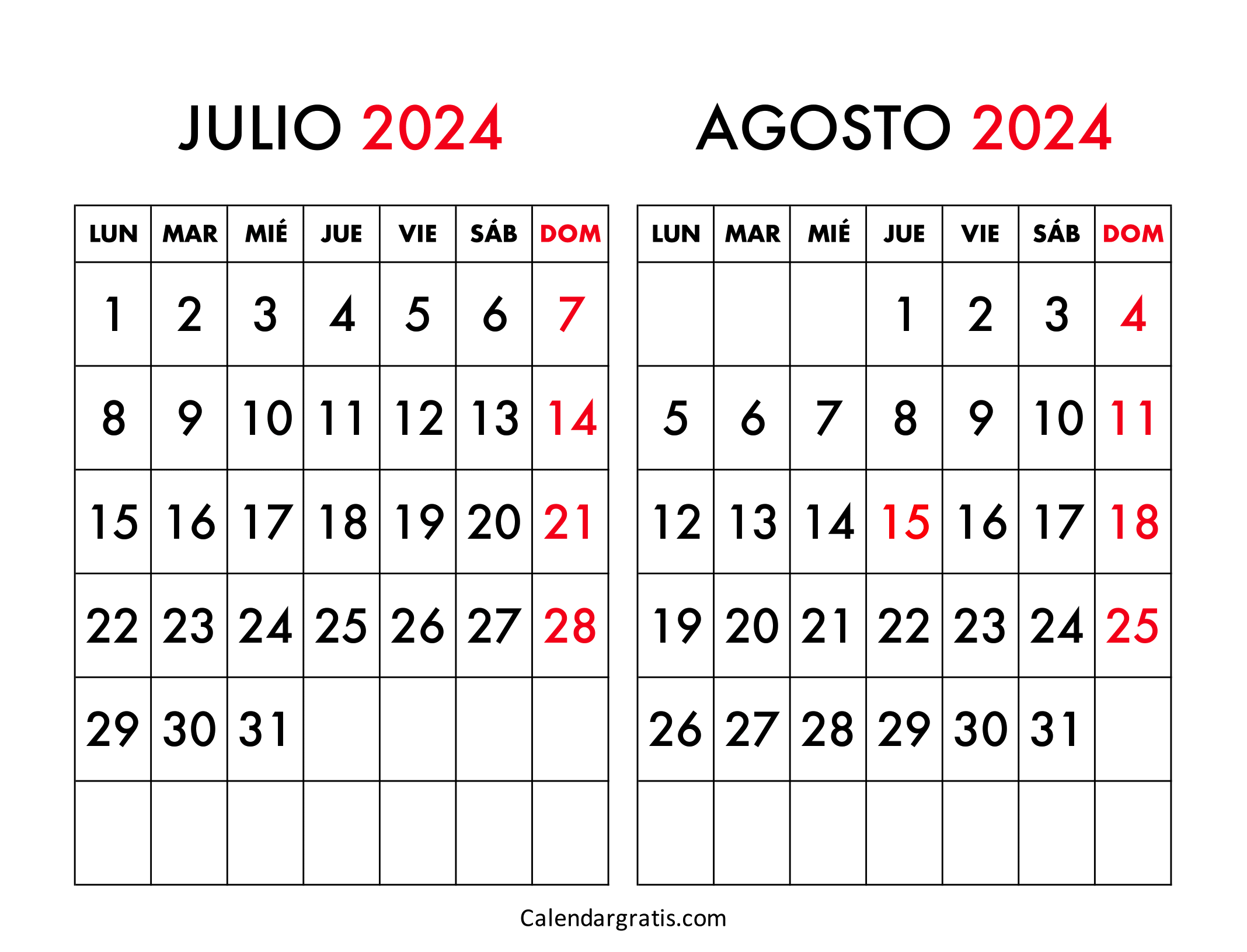 Calendario julio y agosto 2024 para imprimir gratis