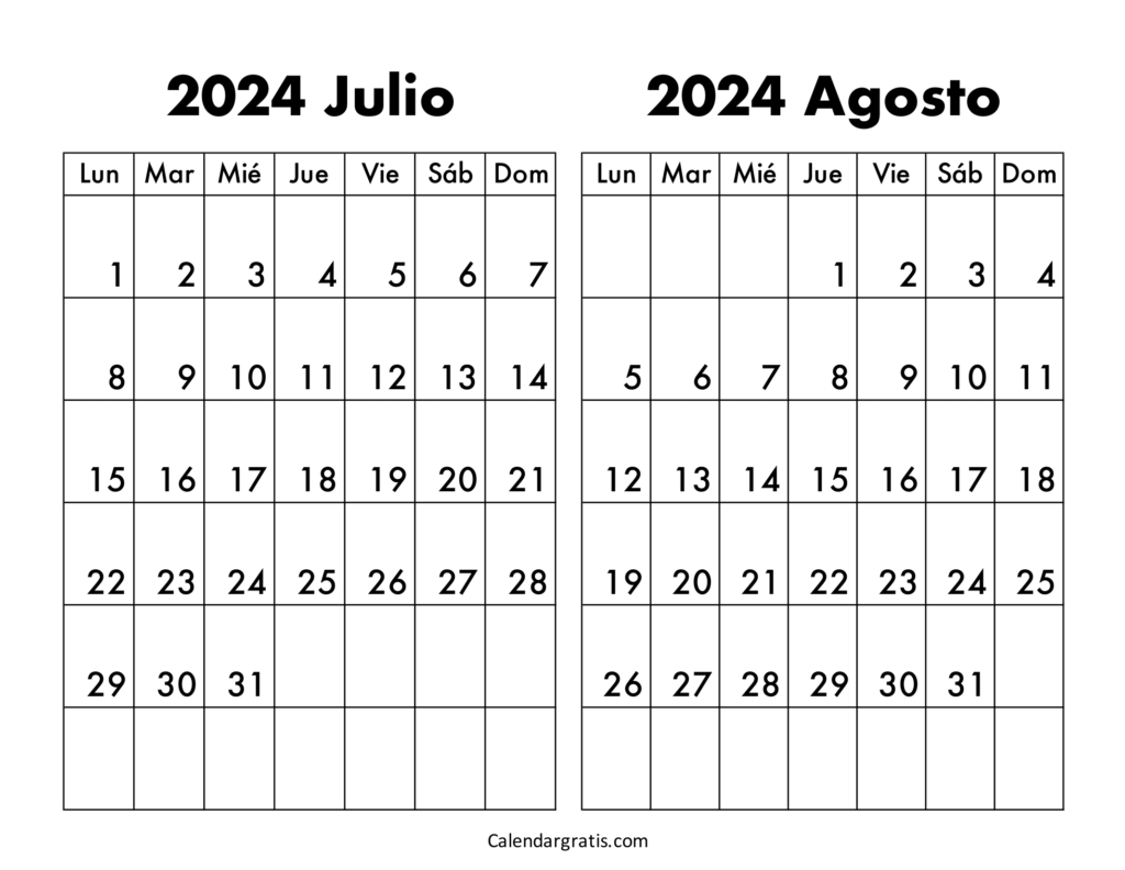 Calendario julio y agosto 2024 para imprimir