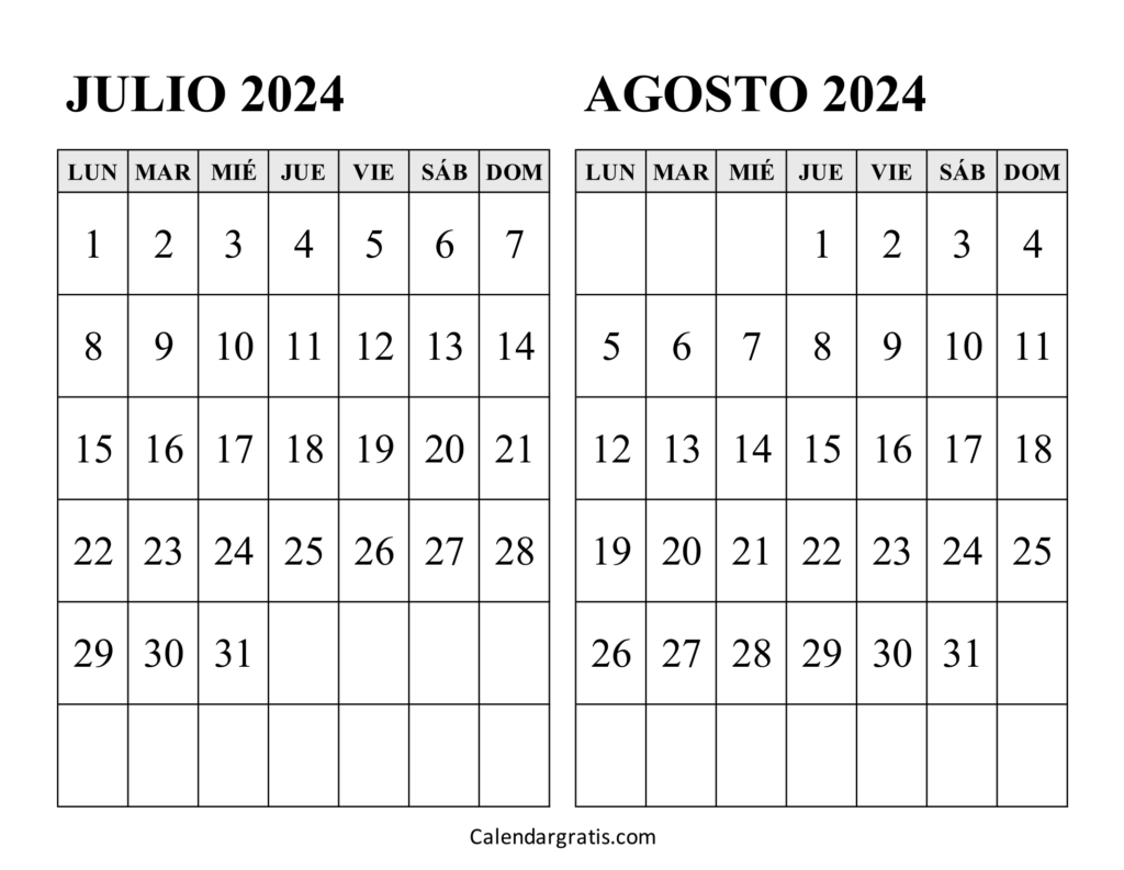 Calendario julio y agosto 2024 para imprimir gratis