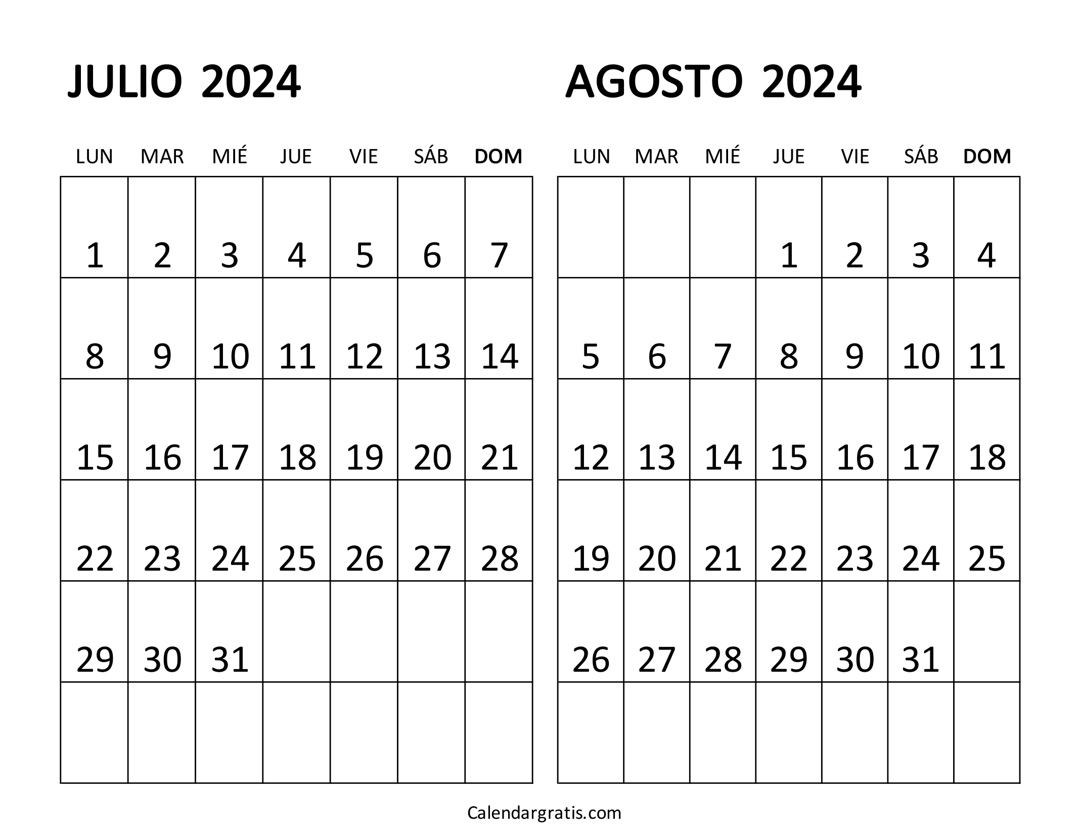 Calendario julio y agosto 2024 para imprimir gratis