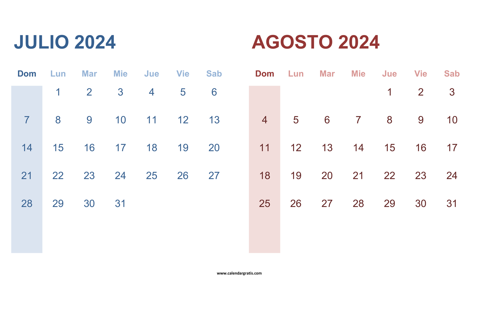 Calendario Julio Agosto 2024 Para Imprimir