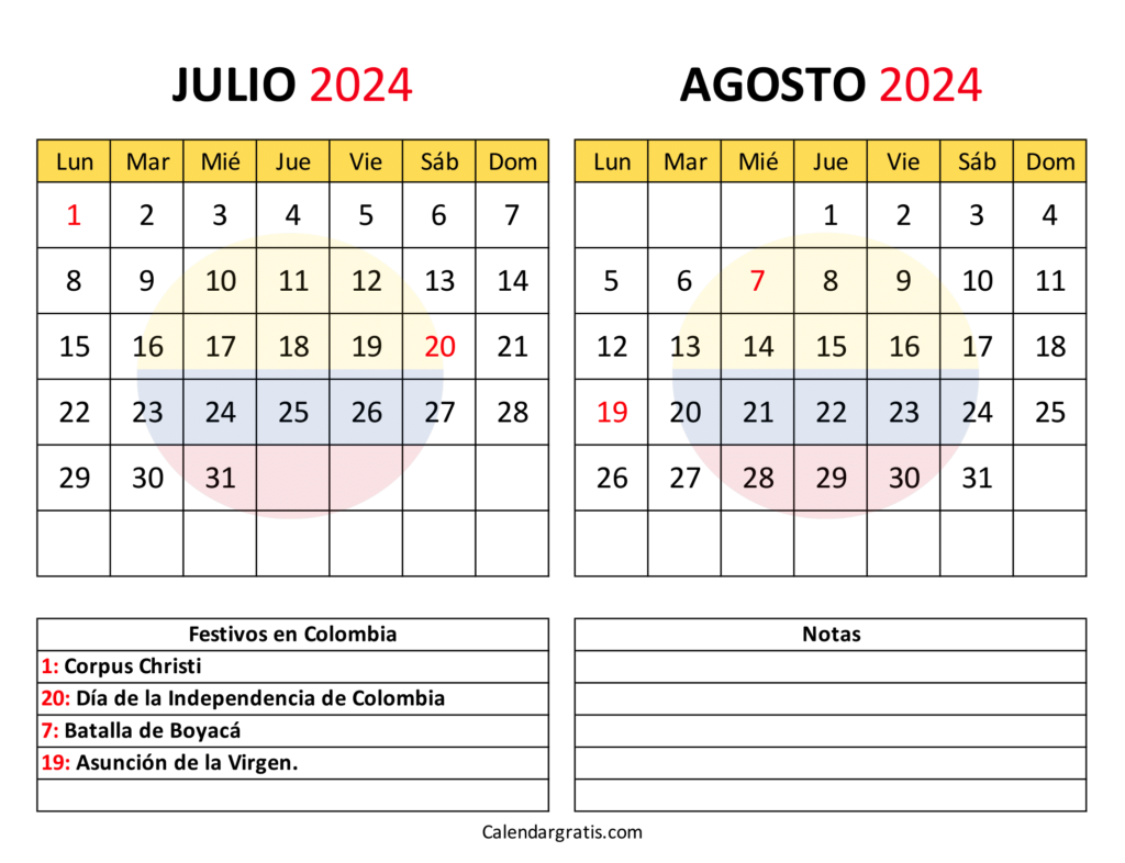 Julio agosto 2024 calendario Colombia