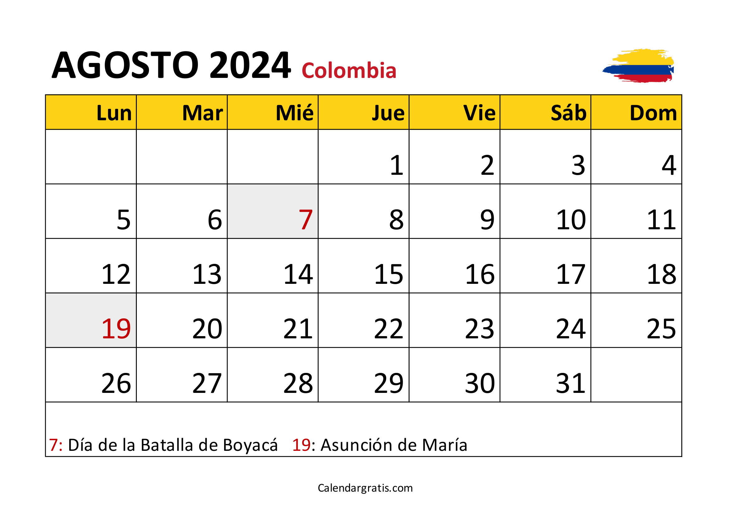 Calendario agosto 2024 Colombia