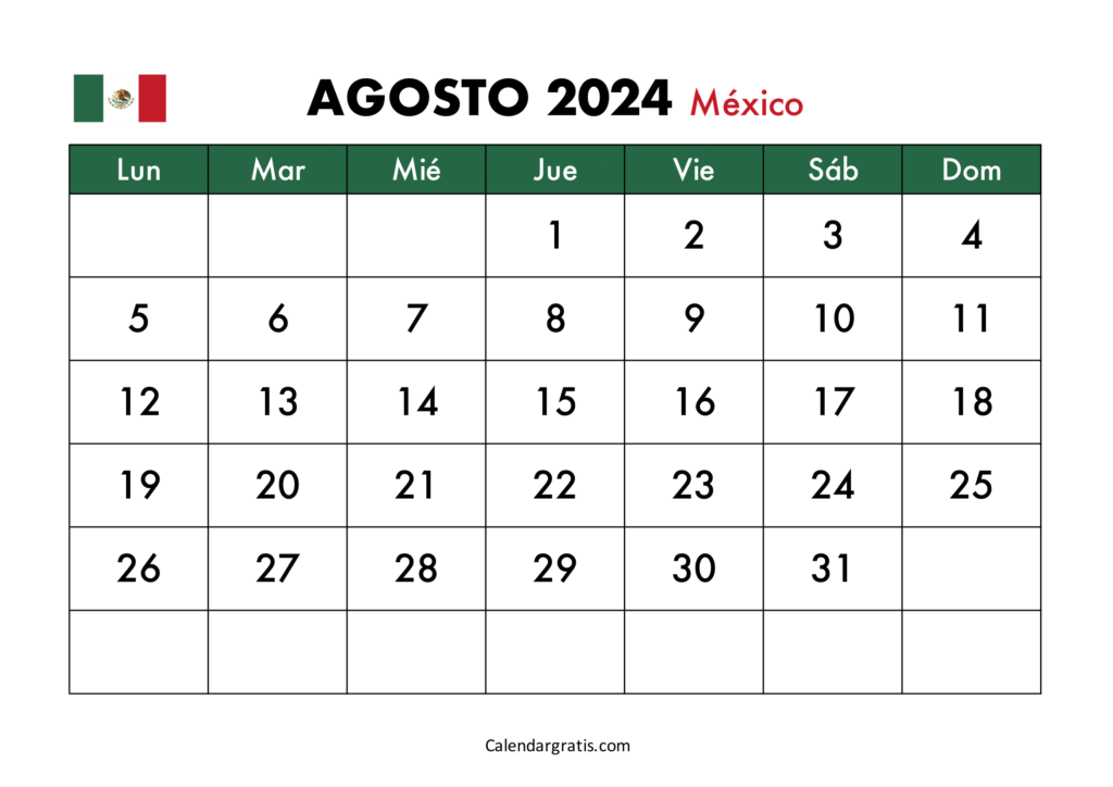 Calendario agosto 2024 México