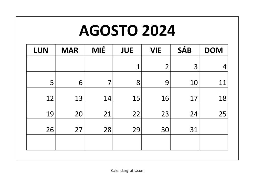 Calendario agosto 2024 para imprimir