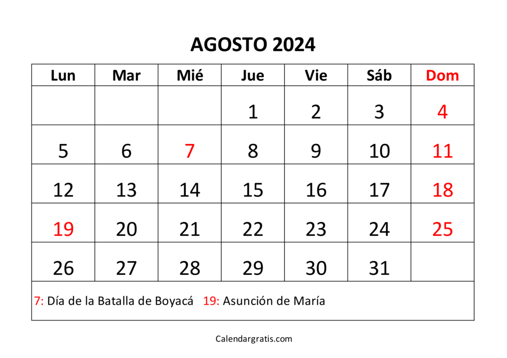 Calendario agosto 2024 para imprimir Colombia